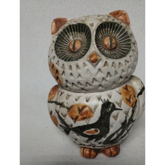 Vintage Ceramic Owl Figurine with Leaf & Bird‎ Paintings Design - Picture 7 of 11